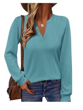 TICTICMIMI V Neck Tops Long Sleeve Henley Shirts Casual Tunic Blouse